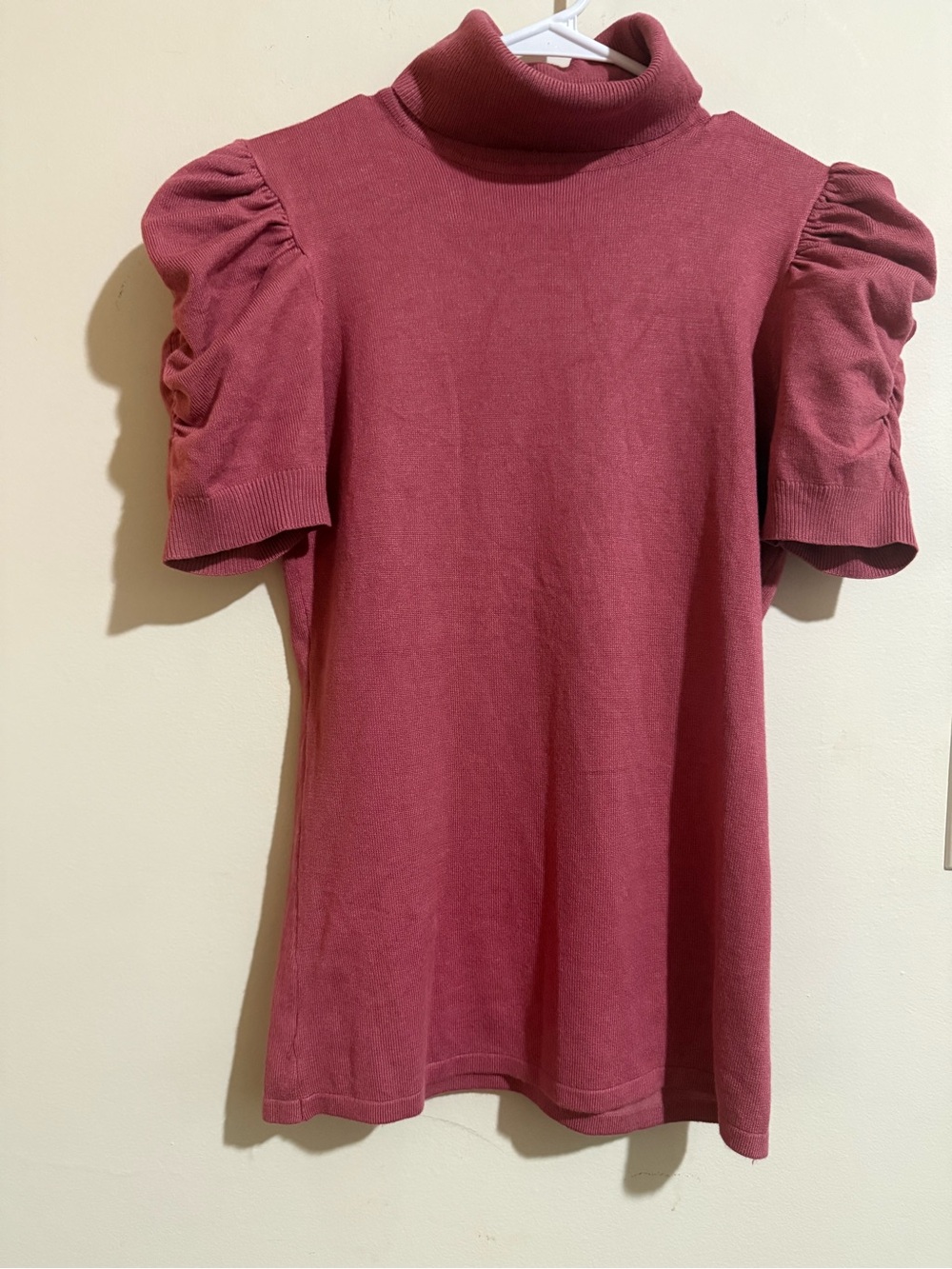 Short Sleeve Turtleneck Top in Dusty Rose with Puff Sleeves